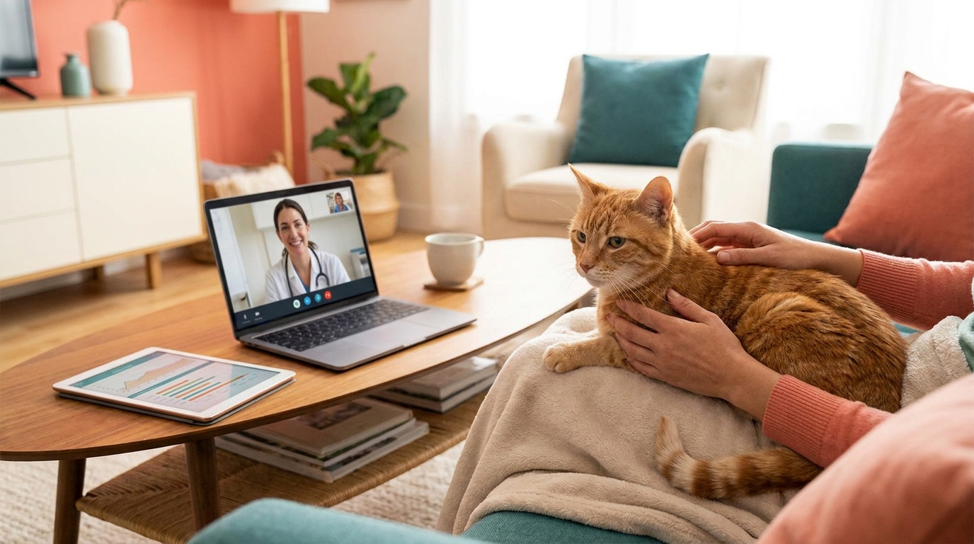 Editorial illustration — senior cat gently examined at home during a calm video vet consultation, RexVet FL/NY/VA