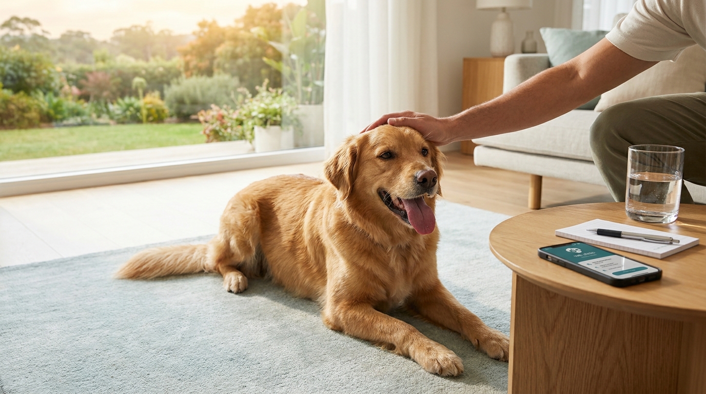 Editorial illustration — panting dog being assessed by a vet via video in a calm home setting, RexVet FL/NY/VA