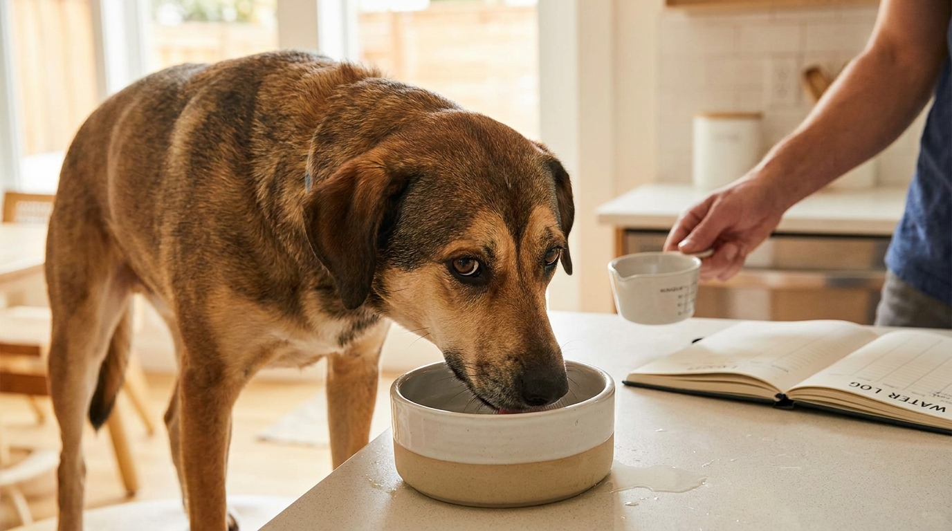 Editorial illustration — dog drinking water bowl while pet parent reviews polydipsia symptoms on a vet video call, RexVet FL/NY/VA