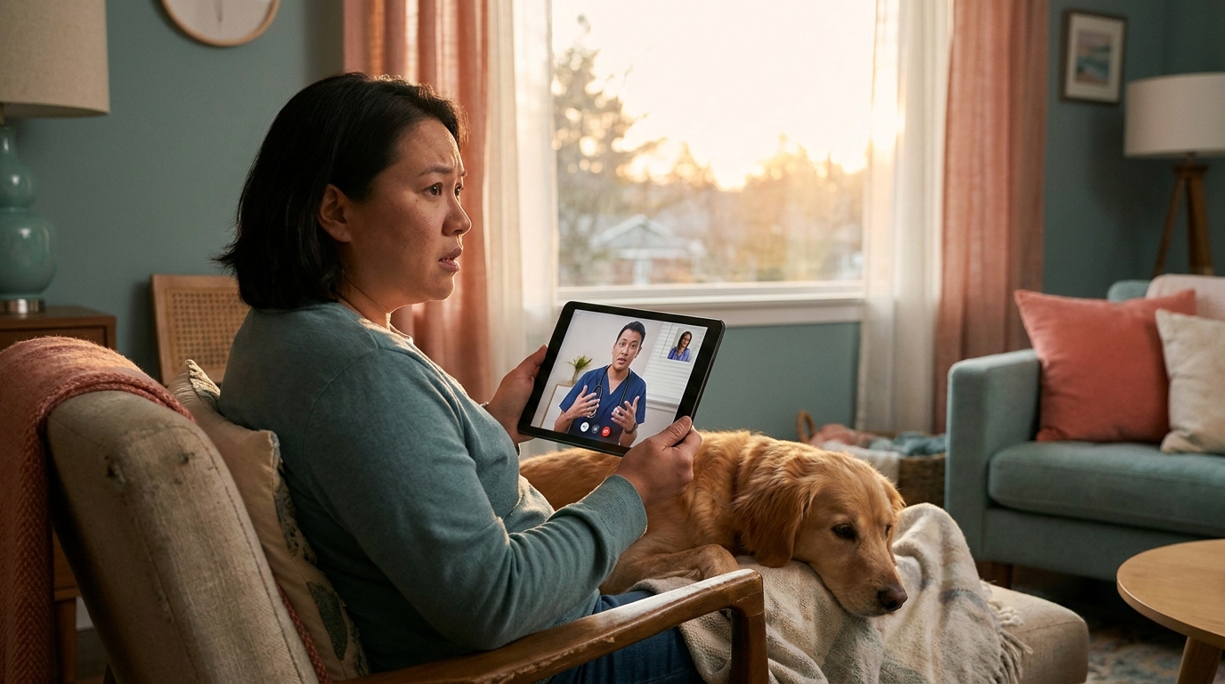 Editorial illustration — concerned pet parent reviewing dog UTI symptoms during a sunlit video vet consultation, RexVet FL/NY/VA